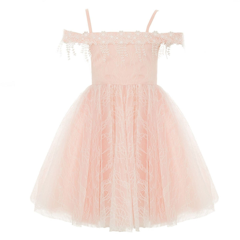 Peach Lace Short Dress With Lace Trimmings