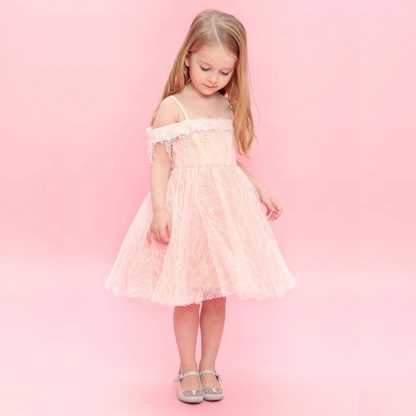 Peach Lace Short Dress With Lace Trimmings
